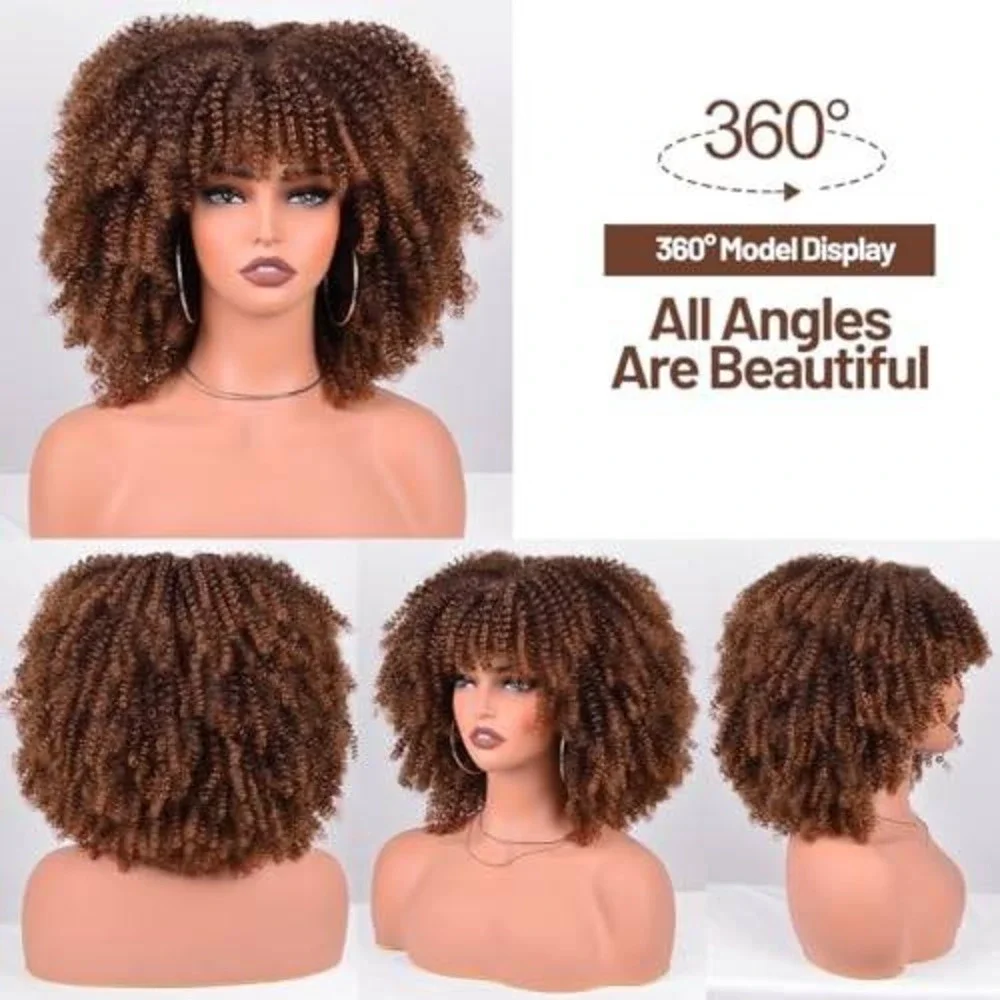 Brown Ombre Afro Kinky Curly Wig with‎ Bangs Short Synthetic Bob Heat Resistant